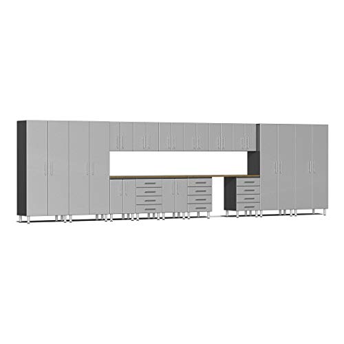 Ulti-MATE UG22172S 17-Piece Garage Cabinet Kit with Bamboo Worktop in Stardust Silver Metallic