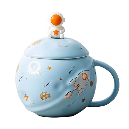 Image of NOSCOMP Astronaut Coffee Mug with Lid & Spoon | 400ml Ceramic | Embossed Planet & Galaxy Design | Leak-Proof | Gift for Space Lovers | Light Blue