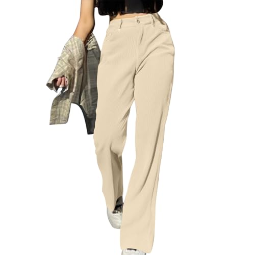 Corduroy Pants Women Vintage High Waisted Straight Leg Pants Casual Loose Fit Corduroy Trousers with Pockets