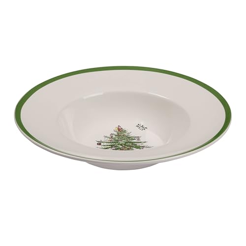Spode Christmas Tree 10-Inch Porcelain Pasta Bowl - Elegant Rimmed Bowl for Serving Salad, Spaghetti, Soup - Durable, Dishwasher, Microwave, and Freezer Safe - Holiday Meals and Festive Table Settings