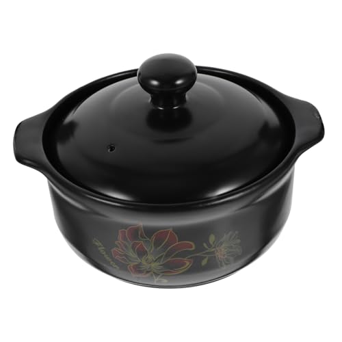 TOBBOMEY Olla De Barro Para Cocinar 1.6l Tapa Negra, Cazuela De Cerámica Gruesa Resistente Al Fuego, Adecuado Para Sopa y Guisos, Para 1-2 Personas, Uso Doméstico En Cocina Gas