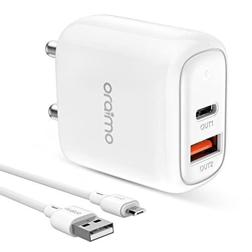 Image of Oraimo 18W USB Type-C Dual Output Super Fast Charger Wall Adapter PE2.0 & Power Delivery 3.0 Compatible for iPhone 13 /13Mini /13 Pro Max /12 /12Pro Max, iPad mini /Pro, Pixel, Galaxy, Airpods Pro, White