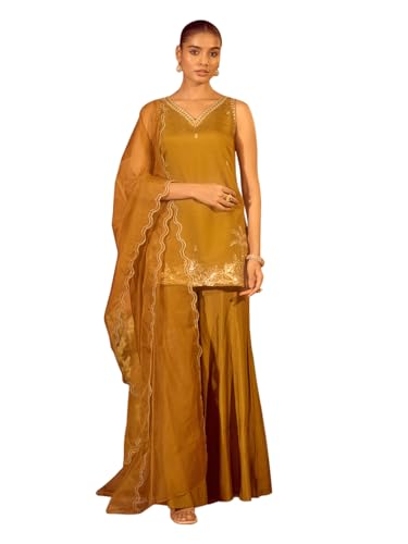 Image of FIORRA Women's Mustard Viscose Chanderi Embroidered Ethnic Straight Kurta Set with Dupatta