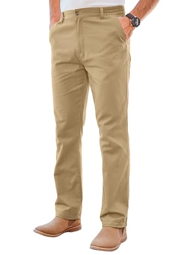PLEPAN Men's Chino Pants Khaki - Stretch Waist Slim Fit Casual Trousers for Work
