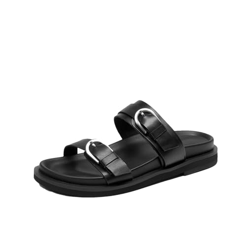 Women's Genuine Leather Slippers - Solid Double Strap Summer Beach Flats