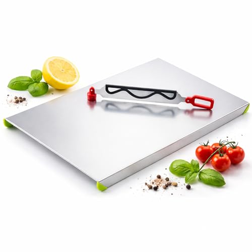 Image of 2-in-1 Stainless Steel Chopping Board with Built-in Cutter Knife, Heavy Duty Rust-Free Vegetable & Fruit Cutting Board, Large Anti-Slip Steel Board for Kitchen