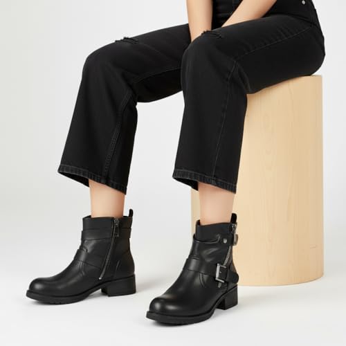 Image of Dunes Max Motorcycle Womens Ankle Boots - Comfortable Booties for Women with Zipper & Buckle, Combat Boots Style, Memory Foam, Wide Width Options