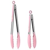 Homikit Küchenzange, Edelstahl Kochzange Grillzange 2er Set mit Hitzebeständige Silikongriff, Antihaft Silikonspitze, 30,3cm & 23,7cm Rosa Fleischzange mit Verriegelung zum Kochen Grillen Servieren