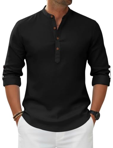 Image of Macsivo Men's Cotton Blend Solid Short Kurta with Regular Lenth Mandarin Neck Full Sleeves and roll-up tab| Kurta Style Shirt for Men