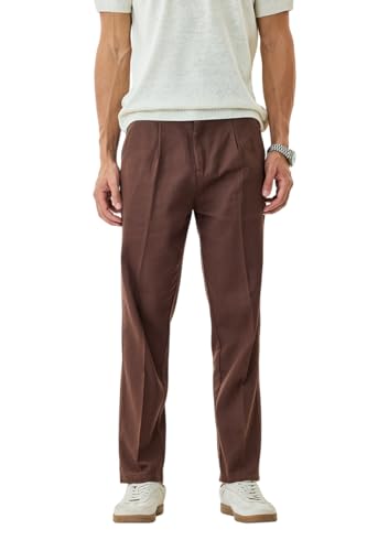 Image of SNITCH Men Casual Wear Chinos | Baggy Fit Wide-Leg Solid Trousers | Stretchable Cotton Blend Pants for Summer Outings