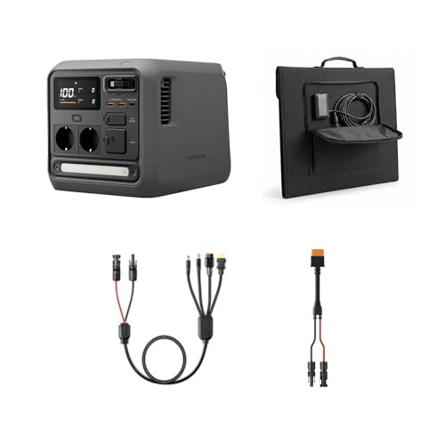 DJI Power 1000 Mini tragbare Powerstation, 1008-Wh-LFP-Akku, kompakte Größe, maximale Ausgangsleistung 1000 W, mit 200 W faltbarem Solarpanel und MC4-Solarpanel-Stromadapterkabel.