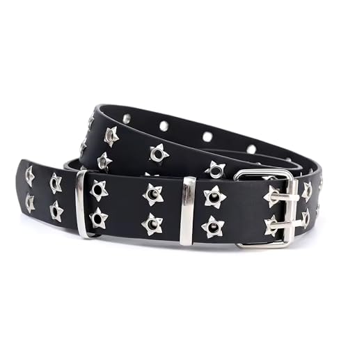 Adjustable Black PU Leather Belt with Silver Grommets – Y2K Gothic Punk Style for Women – Double Hole Design, Fits Waist Sizes 27-40 Inches