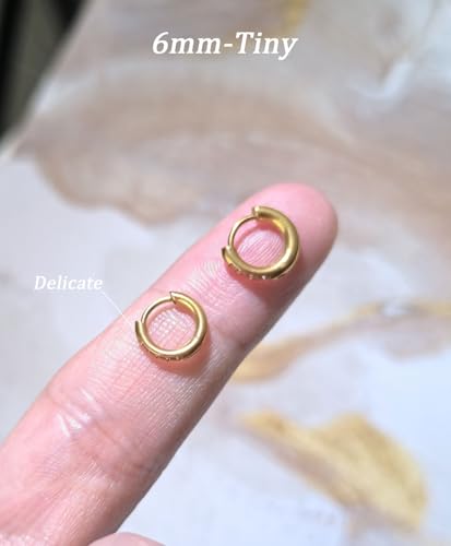 Small Gold Hoop Earrings for Women Men,14K Gold Plated in 316L Surgical Steel Hinge Huggie Hoop Earrings fit Cartilage Helix Tragus Sung Earlobe Lightweight Hypoallergenic Earrings (1 Pair-6mm)4