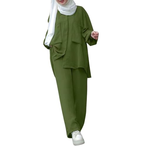 Image of ODIZLI Muslim Long Sleeve Blouse Wide Leg Pants Suits Autumn Solid Abaya Women Matching Sets 2PCS Tracksuits Turkey Kaftan