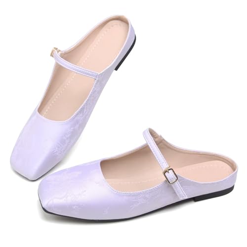 LUXINYU Retro Mules for Women Dressy Square Toe Backless Flat Mules with Strap Embroidered Satin Mary Jane Shoes2