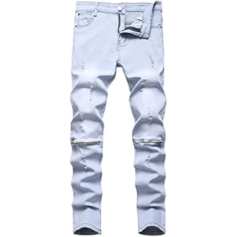 Kihatwin Juniors Boy's Slim Fit Skinny Ripped Distressed Zipper Jeans Pants with Holes Light Blue Size 16 Cover