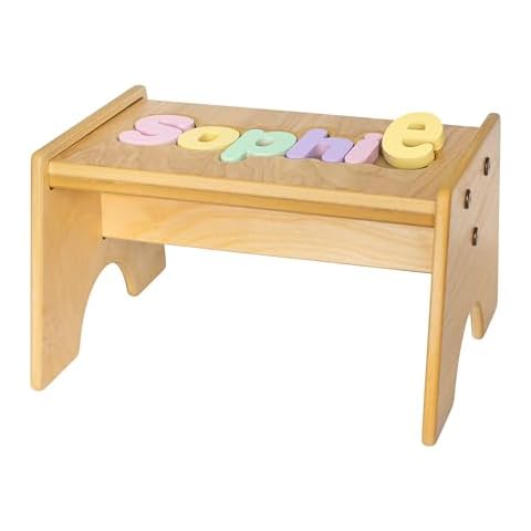 Personalized Name Puzzle Toddler Step Stool- Custom Wooden Stepping Stool for Kids- Pastel Letters Cover