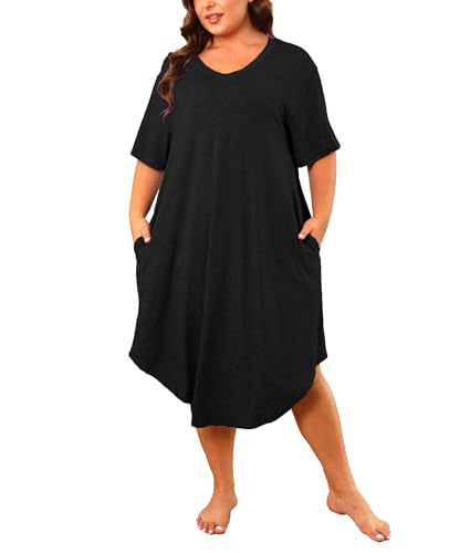 Womens Plus Size Nightgowns Sleepwear Short Sleeve Sleep Dress Knee Length Night Gowns Pockets