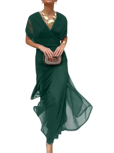 Minetom Robe de Soirée Femme Elegante Col en V Manche Courte Robes de Cocktail Cérémonie Mariage Longue A Vert Foncé M