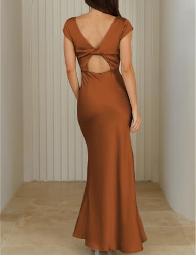 Image of Halfisland Womens Summer Satin V Neck Cap Sleeve Midi Dress Wedding Guest | 2026 Summer,Backless,Hollow Out,Long,Formal,Cocktail,Twist,Bridesmaid,Party,Baby Shower,Short Sleeve,Beach,Elegant,Evening