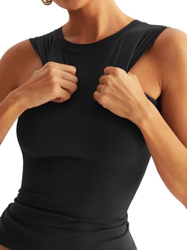 Womens Double Lined Racerback Tank Tops Sleeveless High Neck Fitted Basic Shirts2