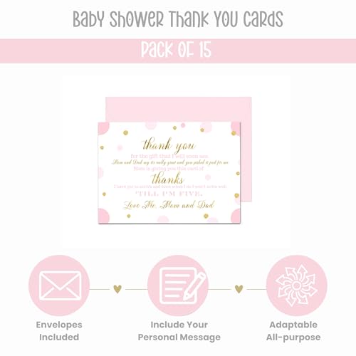 Paper Clever Party Pink And Gold Baby Thank You Cards, 15 Pack – Cute Baby Shower Notes With Envelopes thumb #3