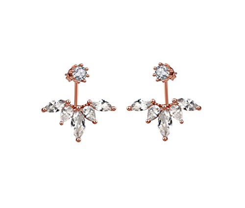 Elensan Rose Gold Leaf with Cz Crystal Ear Cuff Jacket Front Back Stud Earring for Woman Girls