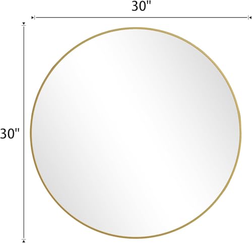 Image of Round Wall Mirror with Durable Wooden Frame - 30 inch (Golden) | Modern Decorative Wall Hanging Mirror for Bathroom, Bedroom, Basin, Dressing Table, Entryway & Home Interior Decor