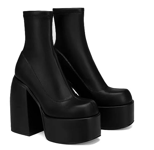 Platform Boots for Women Fashion Mid Calf Chunky High Heels Ankle Booties Slip on Round Toe Elastic Leather Short Boots