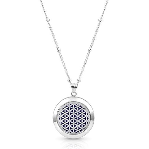 Flower of Life Aromatherapy Necklace, 9 diffusing Pads, Branded AromaLove Bag (Silver) Cover