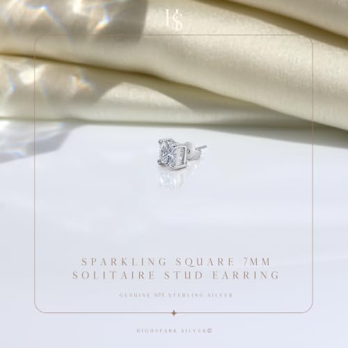 Image of HIGHSPARK 925 Silver Men's Square Solitaire Stud Earring | 92.5 Sterling Silver and Diamond like Brilliance Sparkling Zirconia | Single Stud for Men | Lovely Gift