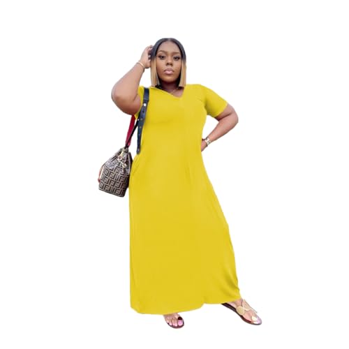 Image of TOPSRANI Womens Plus Size Maxi Dresses for Women Oversize Casual Short Sleeve V Neck Loose Plain Solid Trendy Summer Dress