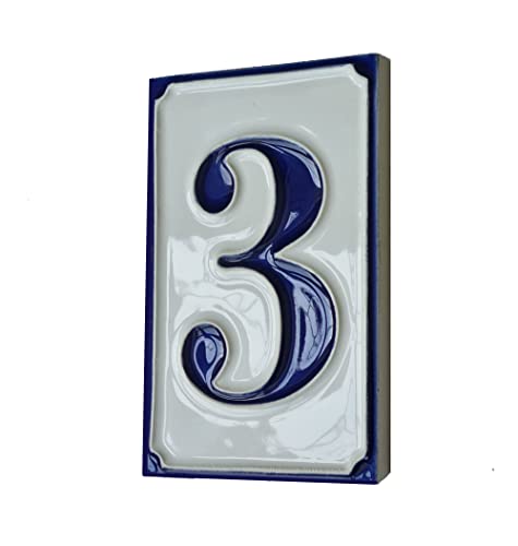 Chiffres de maison simples en céramique italienne, peints à la main, 11 cm x 7 cm (numéro 3)