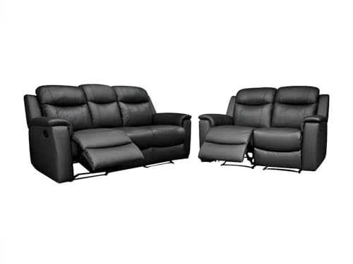 Set divano relax Pelle Nero Vente-unique-Divano 3+2 posti relax con ripiano bar in cuoio Nero - EVASION