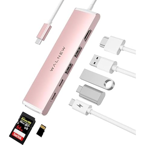 WALNEW 7 in 1 USB-C Hub with 4K HDMI,100W PD,5Gbps Data Port(1 Type-C & 2 USB 3.0),SD/TF Reader, Thunderbolt 4 Dock Multiport Adapter for MacBook Pro Air,Mac,iPad 10/Mini 6,Surface (Pink) Cover