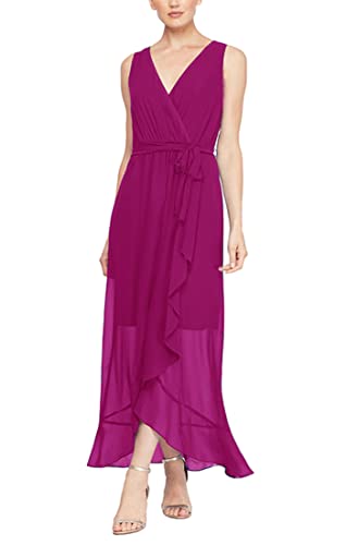 S.L. Fashions Women's Sleeveless Chiffon Wrap Dress with Cascade Ruffle, Perfect for Spring/Summer, Casual or Wedding Guest, Fuchsia Pink, 16