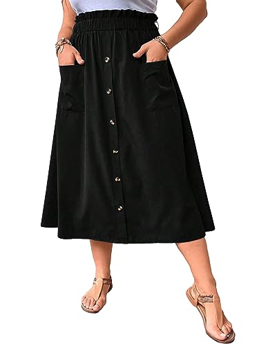 OYOANGLE Women's Plus Size A Line Midi Elastic High Waist Button Loose Skirt with Pocket