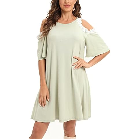 Aox Women Summer Casual Cold Shoulder Lace Chiffon Dress Top Sexy Loose Patchwork Office Lady Work Blouse - Beige - X-Large Cover