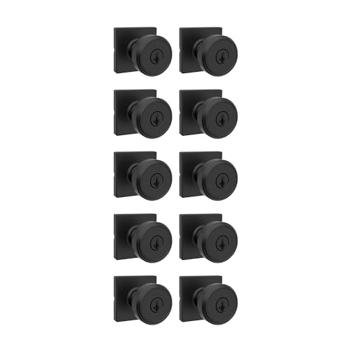 Image of Kwikset Maven Entry Door Knob with Lock and Key, Secure Keyed Handle Exterior, Front Entrance and Bedroom, Matte Black, 10 Pack, Pick Resistant SmartKey Rekey Security and Microban