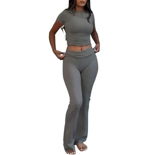 ZFLM Casual Workout Two Piece Outfits for Women Short Sleeve Crop High Waist Foldover Flare Pants Tracksuit Sets Streetwear