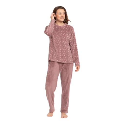 TRAMAS+ Pijama Mujer de Invierno, Pijama de Coralina con Camiseta de Manga Larga y Pantalón Largo Ajustable, Conjunto para Dormir Cómodo y Calentito - XL, Mimi XL Berenjena