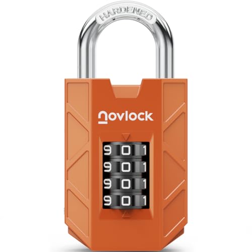 NOVLOCK Candado de combinación de 4 dígitos – resistente y seguro – arco de acero templado de 7 mm – para taquillas, armarios, portones, vallas y cobertizos – 1 unidad, naranja