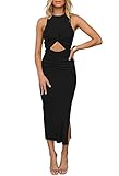 HUUSA Classic Crisscross Sleeveless Spring Midi Dress for Women Night Out Elegant Sexy Cut Out Knot Twisted Side Slit Ruched Bodycon Cocktail Party Pencil Belted Dresses Black M