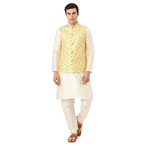 Image of SOJANYA (Since 1958 Men's Cotton Linen Maroon Kurta and White Pyjama with Mustard Cotton Nehru Jacket