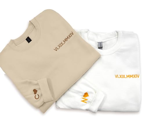 NACRE APPAREL Roman Numeral Sweatshirt Cutom Matching Embroidered Date Initial Sleeve Couples' Gifts Hoodie Engagement