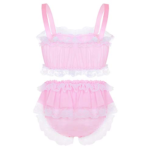 Choomomo Men's Sissy Lingerie Set Ruffled Lace Chiffon Crop Top Skirted Panties Crossdress Pajamas2