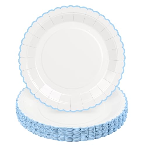 ZUQMZUQ 30 Pcs Blue and White Paper Plates 9 Inch Baby Shower White Dinner Plates Baby Blue Scalloped Paper Plates Party Supplies for Baby boy Shower Wedding Birthday Bridal Shower