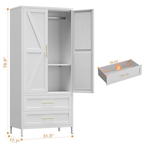 Image of SUPEER Metal Wardrobe Closet with 2 Drawers,71 inch Tall Metal Armoire Storage Cabinet with Hanging Rod and Adjustable Shelves,Freestanding Steel Clothing Organizer for Home,White,Required Assembly
