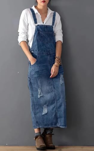 Image of Yoeasy Women's Distressed Denim Overall Dress - Adjustable Strap Pinafore A-Line Mid Long Jean Bib