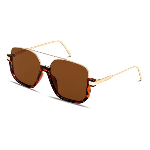 Image of GUVIVI Retro Oversized Aviator Sunglasses for Women Men Square Double Bridge Pilot Sun Glasses 70s Trendy Shades